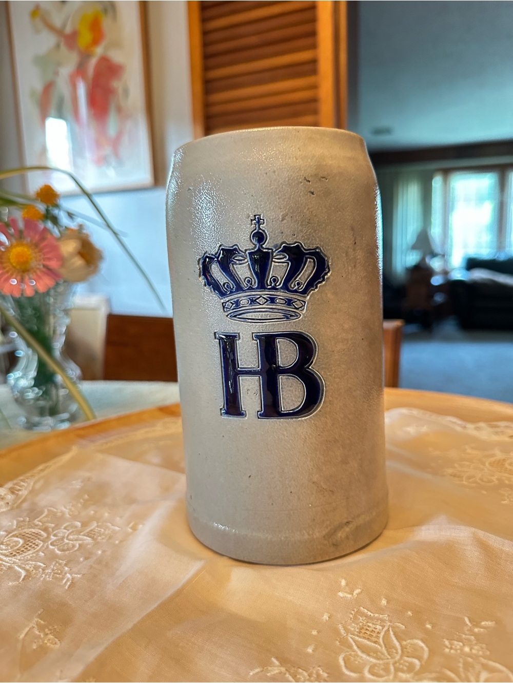 Vintage German HB Hofbräuhaus 1L Stoneware Beer Stein Salt Glaze Blue Crown